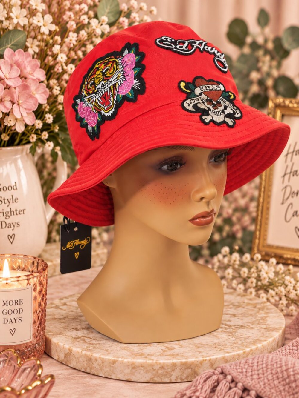 Ed Hardy Red Bucket Hat Embroidered Tiger Skull Patches Y2K NWT